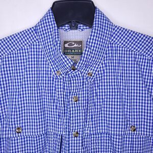 Drake Waterfowl Shirt Mens Medium Gingham Blue, White Vented